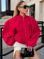 LGRQ Street Chic Red Stand Collar Zipper Jackets 2026 Casual Lantern Lantern  Sleeve Female Loose Outerwear For Woman 19DB2858
