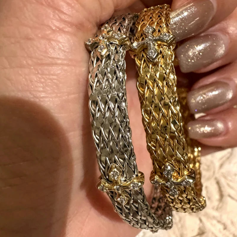Bellux Italian hand woven cross bracelet s925 silver plated 18K gold synthetic zircon high-quality jewelry bangle