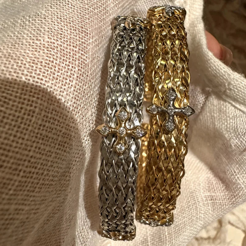 Bellux Italian hand woven cross bracelet s925 silver plated 18K gold synthetic zircon high-quality jewelry bangle