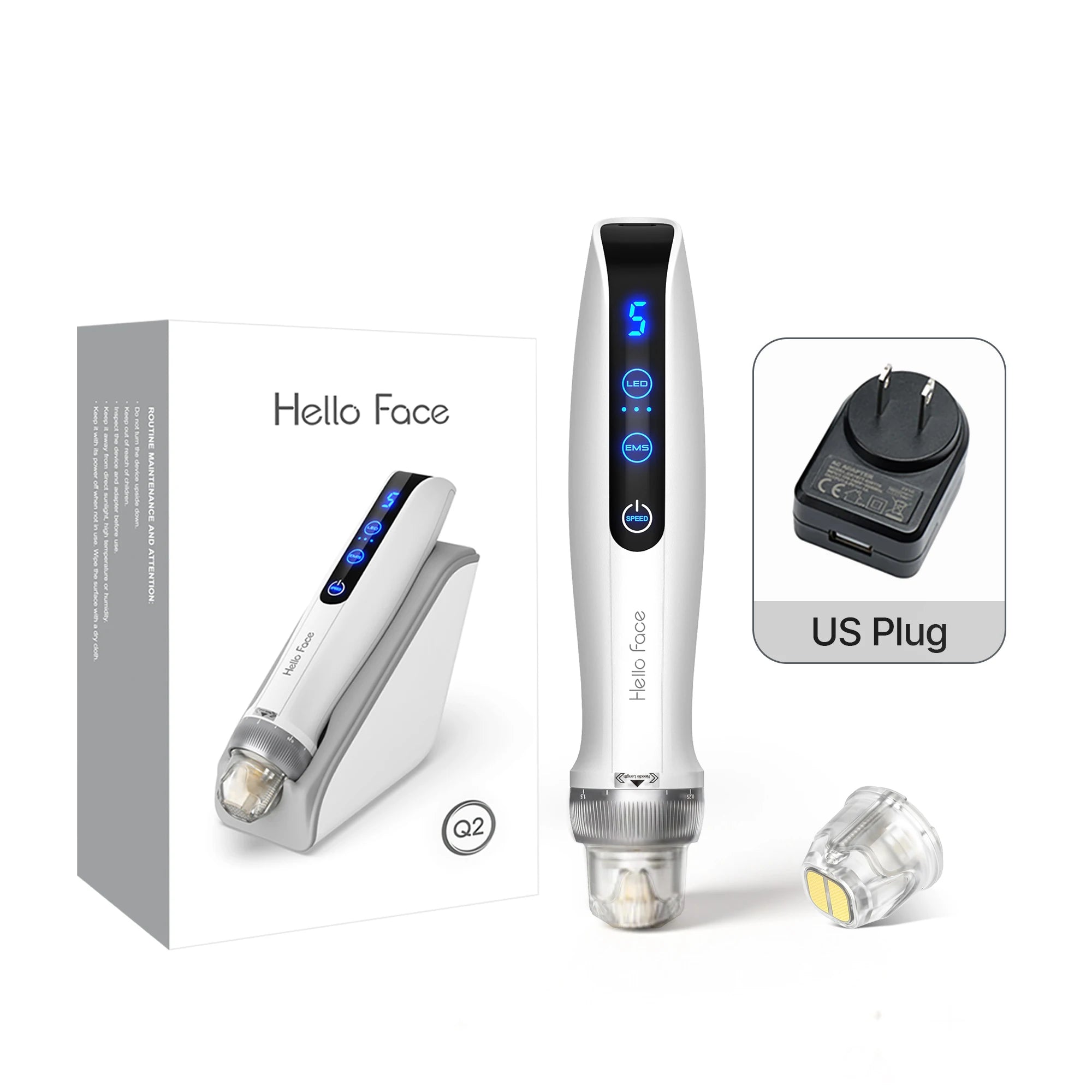 Hello Face Q2 Electric Microneedle, Smart Dock, 700mAh Battery, 5 Speeds, 2PCS Titanium needle 0.25 mm, Red/Blue LED and EMS