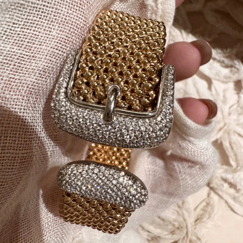 Bellux Italian Gold Beads Belt Buckle Zircon Bracelet s925 Silver Plated 18K Gold Retro Luxury Design Open Bangle