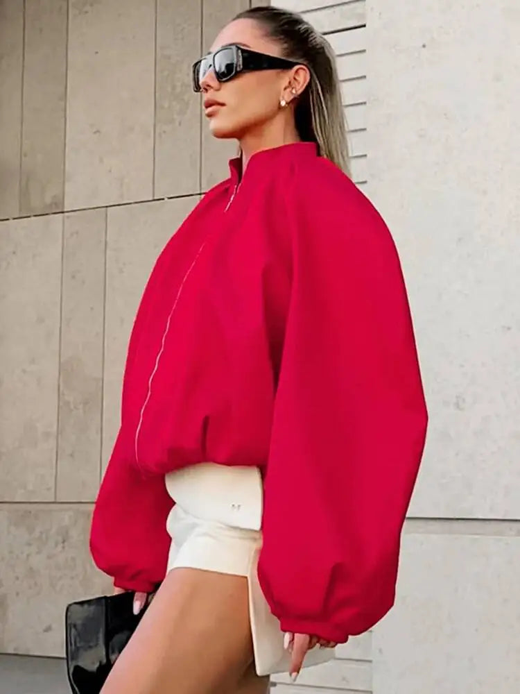 LGRQ Street Chic Red Stand Collar Zipper Jackets 2026 Casual Lantern Lantern  Sleeve Female Loose Outerwear For Woman 19DB2858