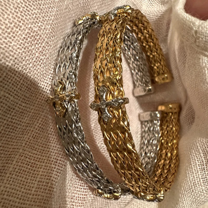Bellux Italian hand woven cross bracelet s925 silver plated 18K gold synthetic zircon high-quality jewelry bangle