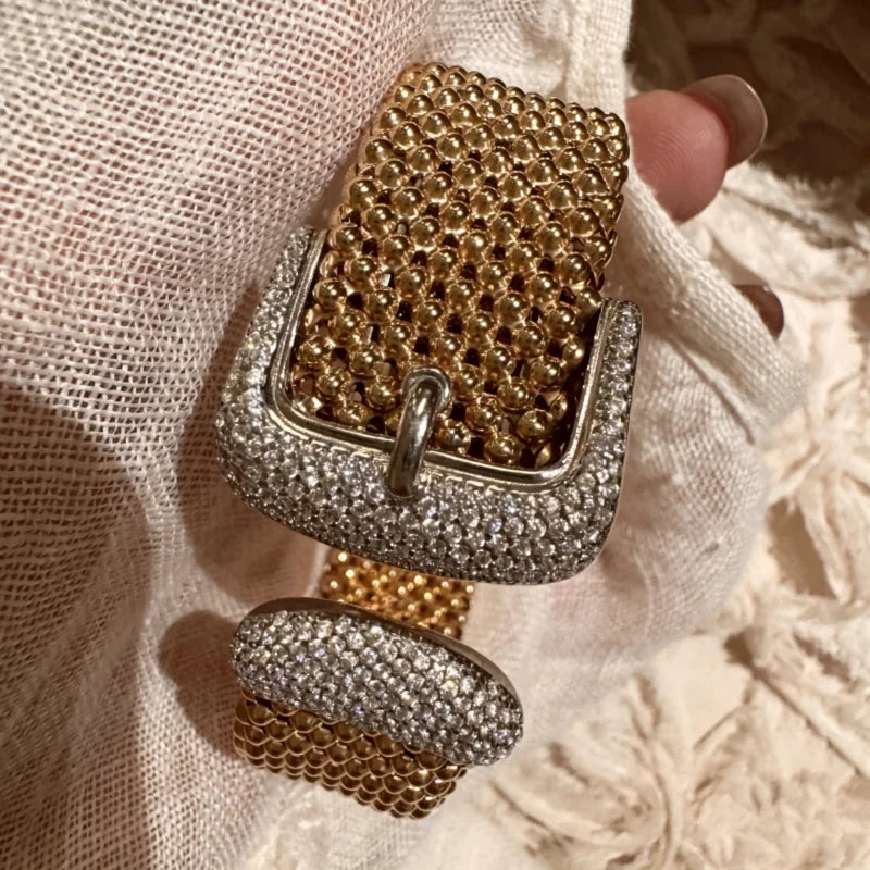Bellux Italian Gold Beads Belt Buckle Zircon Bracelet s925 Silver Plated 18K Gold Retro Luxury Design Open Bangle