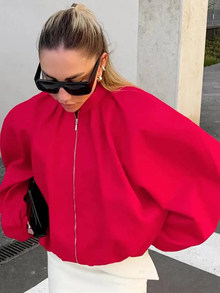 LGRQ Street Chic Red Stand Collar Zipper Jackets 2026 Casual Lantern Lantern  Sleeve Female Loose Outerwear For Woman 19DB2858
