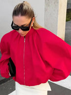 LGRQ Street Chic Red Stand Collar Zipper Jackets 2026 Casual Lantern Lantern  Sleeve Female Loose Outerwear For Woman 19DB2858