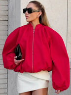 LGRQ Street Chic Red Stand Collar Zipper Jackets 2026 Casual Lantern Lantern  Sleeve Female Loose Outerwear For Woman 19DB2858