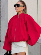 LGRQ Street Chic Red Stand Collar Zipper Jackets 2026 Casual Lantern Lantern  Sleeve Female Loose Outerwear For Woman 19DB2858