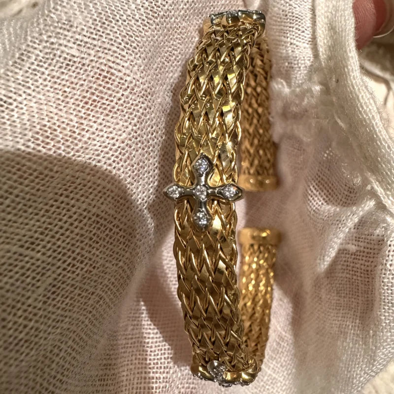 Bellux Italian hand woven cross bracelet s925 silver plated 18K gold synthetic zircon high-quality jewelry bangle