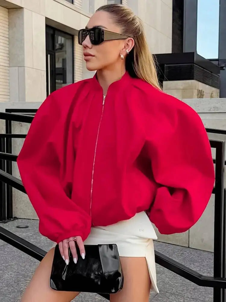 LGRQ Street Chic Red Stand Collar Zipper Jackets 2026 Casual Lantern Lantern  Sleeve Female Loose Outerwear For Woman 19DB2858