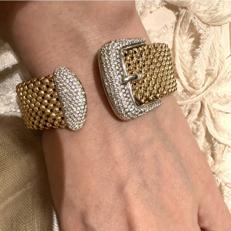 Bellux Italian Gold Beads Belt Buckle Zircon Bracelet s925 Silver Plated 18K Gold Retro Luxury Design Open Bangle